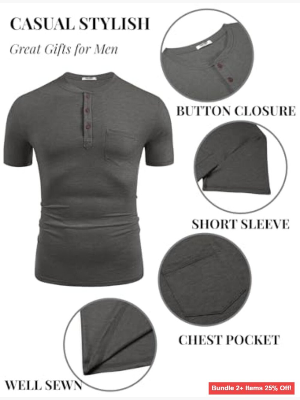 Men's Henley Short Sleeve T-Shirt with Pocket, Regular Fit, Soft Fabric - Picture 6 of 7